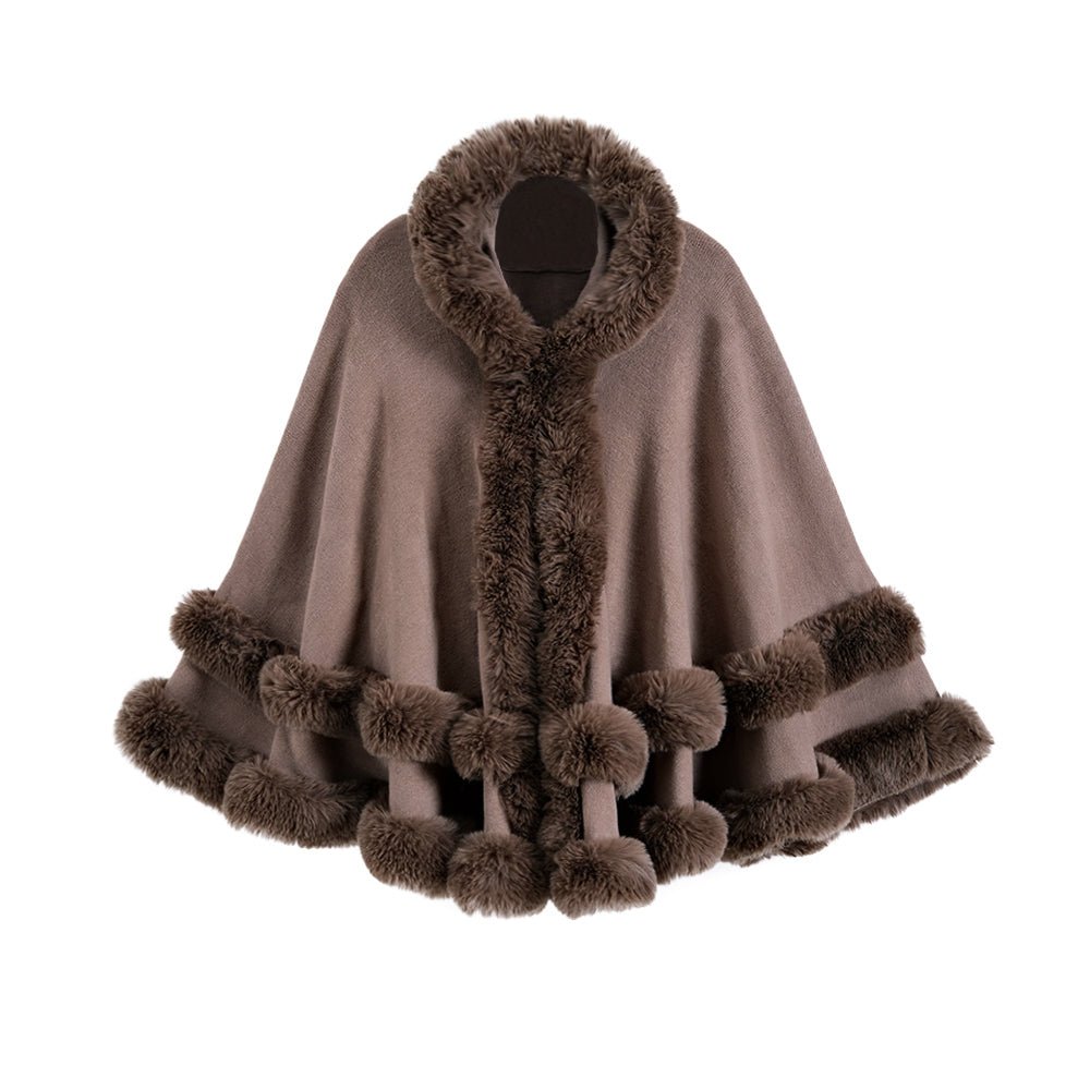 Oversized Knitted Cape Outer Shawl Artificial Fur Collar Hooded Warm Jacket - Allen - Fitness