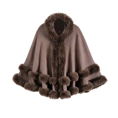 Oversized Knitted Cape Outer Shawl Artificial Fur Collar Hooded Warm Jacket - Allen - Fitness