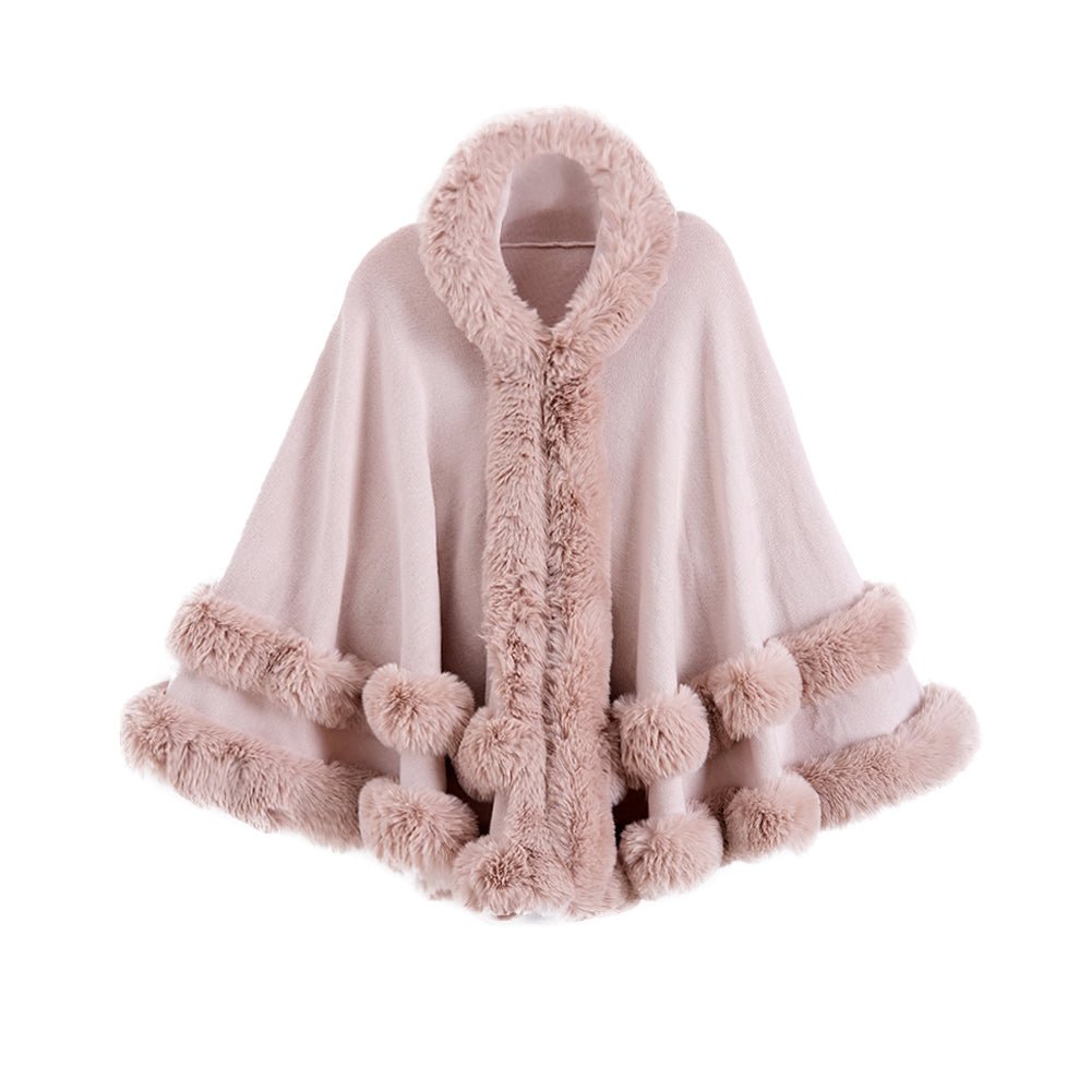 Oversized Knitted Cape Outer Shawl Artificial Fur Collar Hooded Warm Jacket - Allen - Fitness