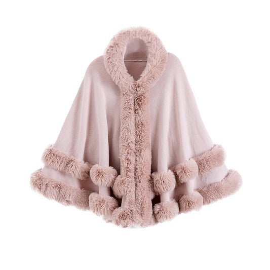 Oversized Knitted Cape Outer Shawl Artificial Fur Collar Hooded Warm Jacket - Allen - Fitness