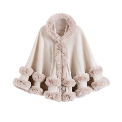 Oversized Knitted Cape Outer Shawl Artificial Fur Collar Hooded Warm Jacket - Allen - Fitness