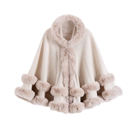 Oversized Knitted Cape Outer Shawl Artificial Fur Collar Hooded Warm Jacket - Allen - Fitness