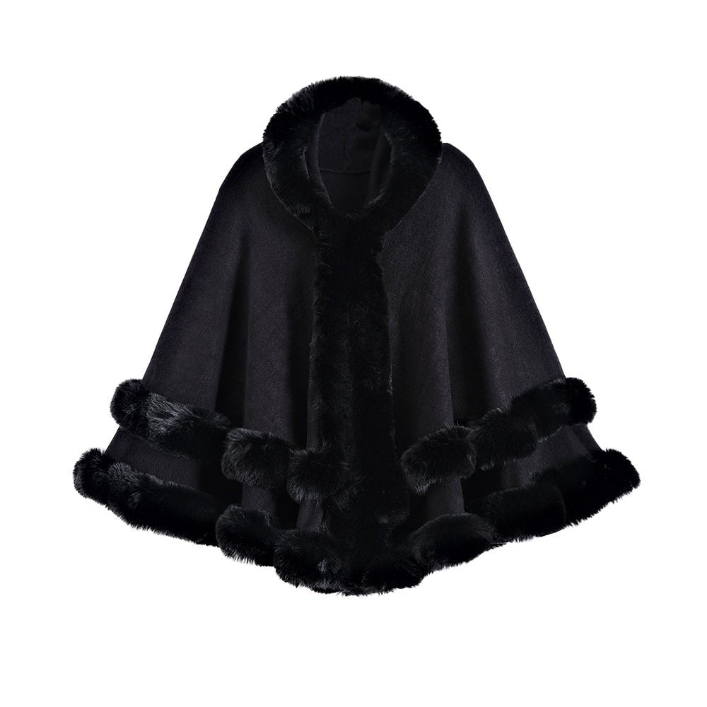 Oversized Knitted Cape Outer Shawl Artificial Fur Collar Hooded Warm Jacket - Allen - Fitness