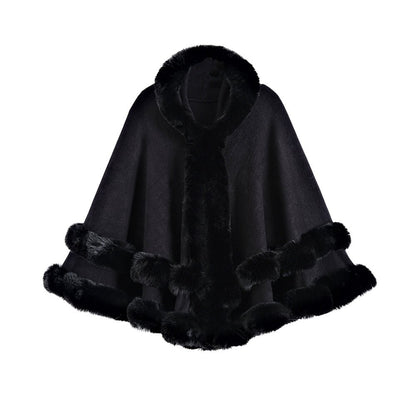 Oversized Knitted Cape Outer Shawl Artificial Fur Collar Hooded Warm Jacket - Allen - Fitness