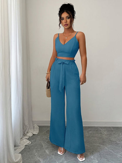 Peacock Blue Suspender Vest Wide Leg Pants Two - Piece Set - Allen - Fitness