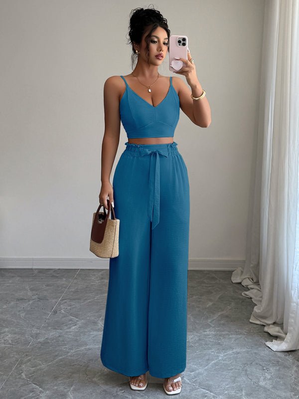 Peacock Blue Suspender Vest Wide Leg Pants Two - Piece Set - Allen - Fitness