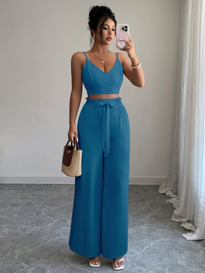 Peacock Blue Suspender Vest Wide Leg Pants Two - Piece Set - Allen - Fitness