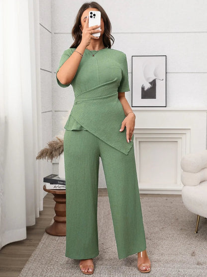Plus Size Outfits: Stylish Asymmetrical Round Neck Short Sleeve Top & Pants Set - Allen - Fitness