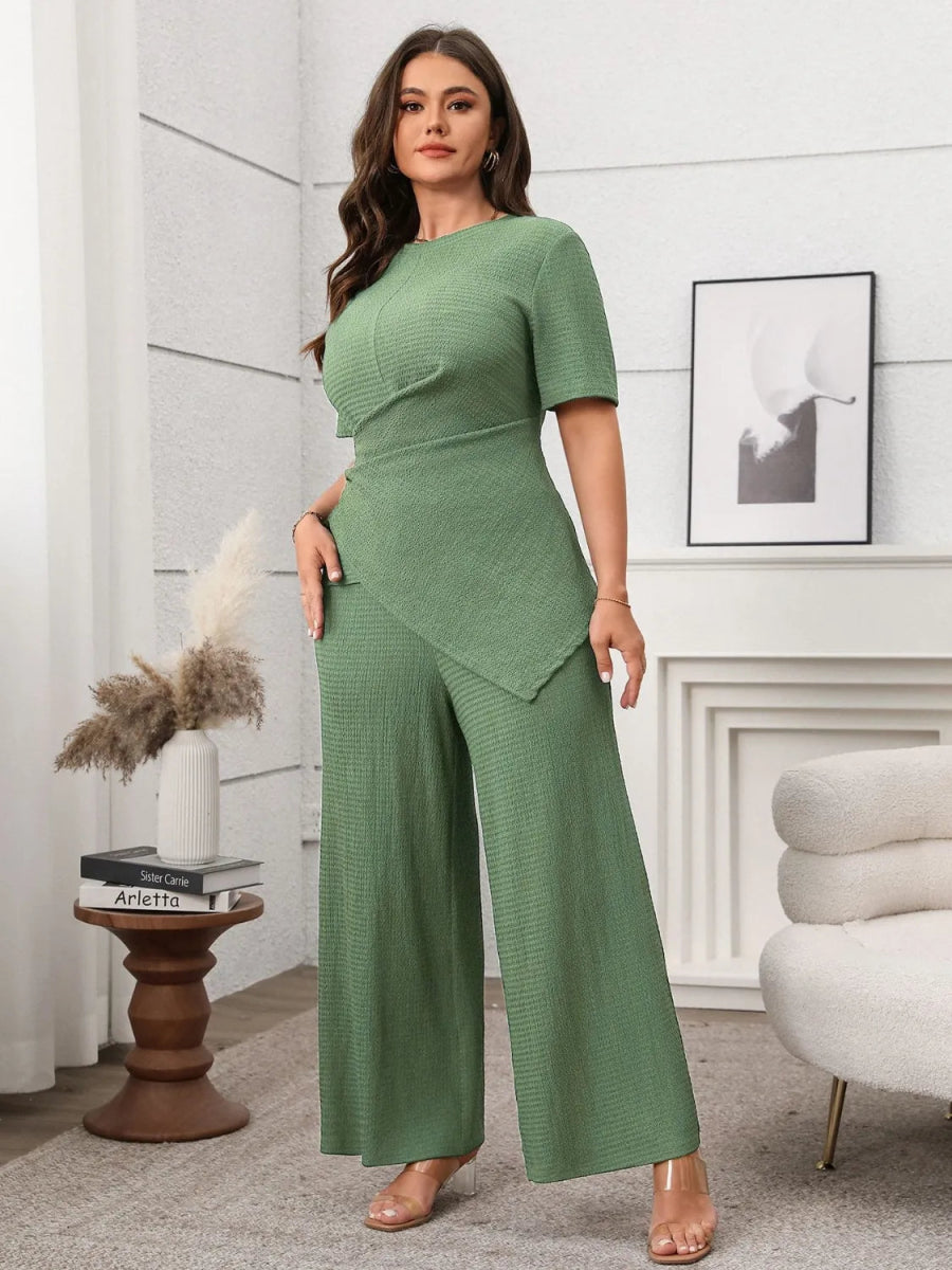 Plus Size Outfits: Stylish Asymmetrical Round Neck Short Sleeve Top & Pants Set - Allen - Fitness