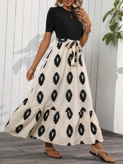 Printed Short Sleeve Dress with Tie Waist - Flowy Tiered Maxi Dress by Kenike - Allen - Fitness