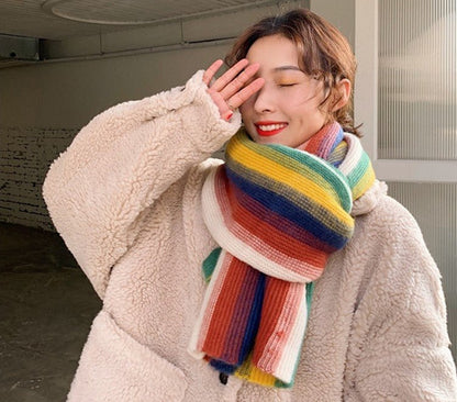 Rainbow Striped Scarf - Warm Knitted Acrylic Shawl, 180cm x 35cm, All - Match Stylish Accessory - Allen - Fitness