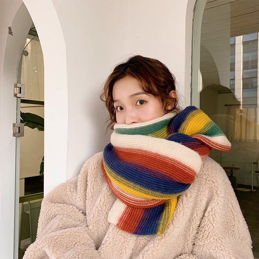 Rainbow Striped Scarf - Warm Knitted Acrylic Shawl, 180cm x 35cm, All - Match Stylish Accessory - Allen - Fitness