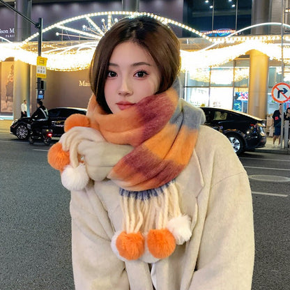 Rainbow Striped Scarf with Hanging Balls for Women, Warm Imitation Cashmere, Winter Fashion 40x200 cm - Allen - Fitness