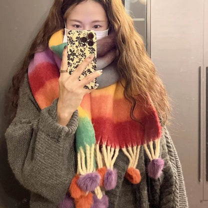 Rainbow Striped Scarf with Hanging Balls for Women, Warm Imitation Cashmere, Winter Fashion 40x200 cm - Allen - Fitness