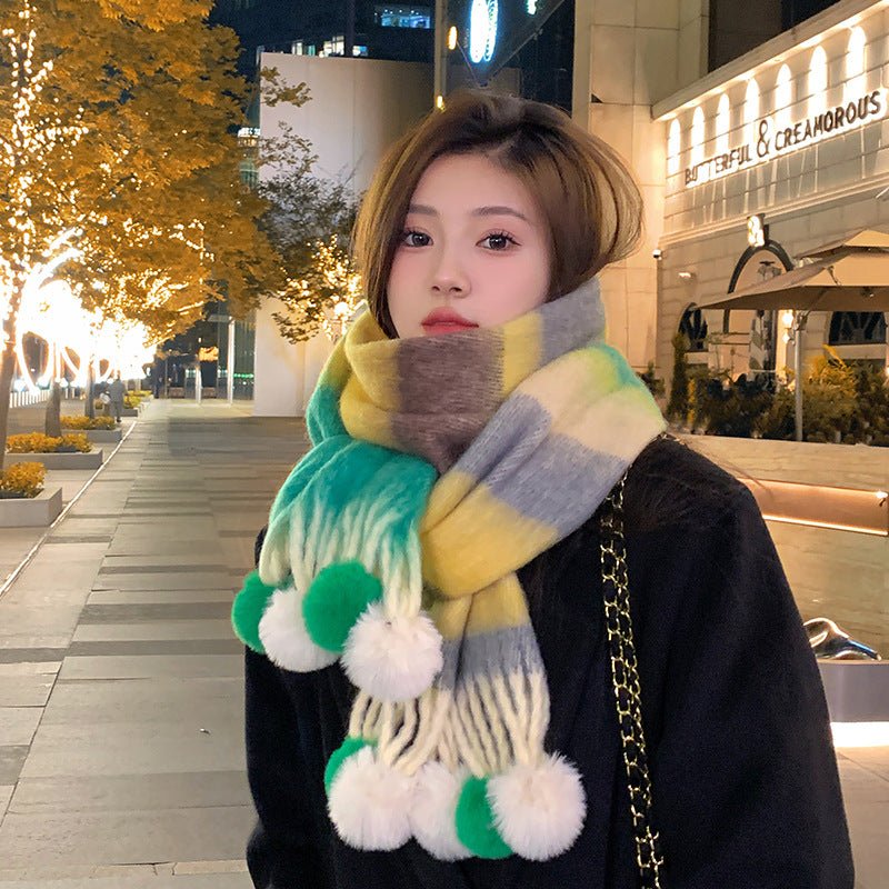 Rainbow Striped Scarf with Hanging Balls for Women, Warm Imitation Cashmere, Winter Fashion 40x200 cm - Allen - Fitness