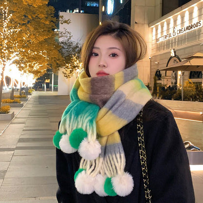 Rainbow Striped Scarf with Hanging Balls for Women, Warm Imitation Cashmere, Winter Fashion 40x200 cm - Allen - Fitness