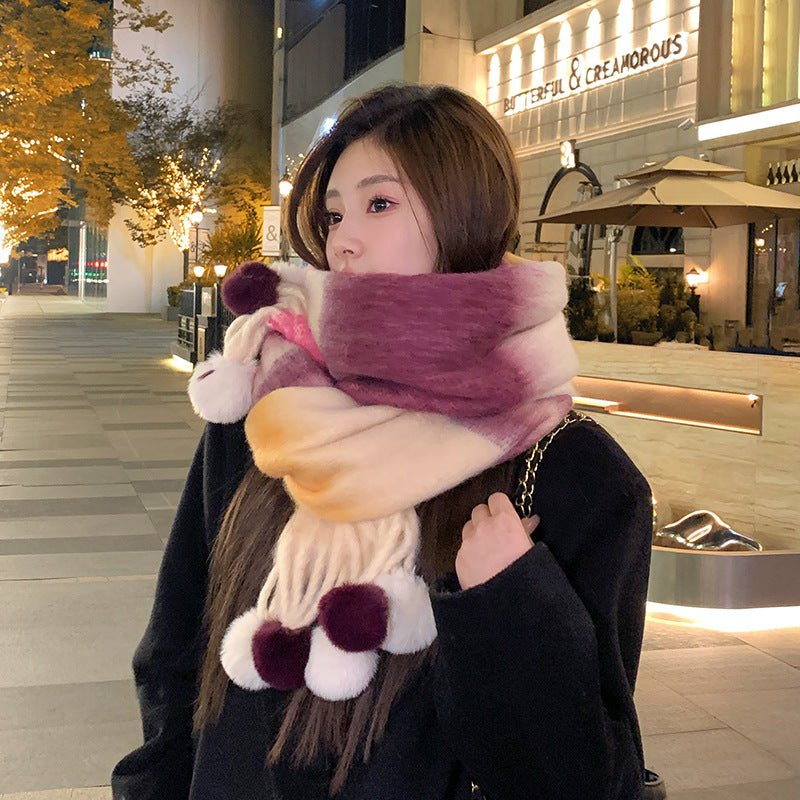 Rainbow Striped Scarf with Hanging Balls for Women, Warm Imitation Cashmere, Winter Fashion 40x200 cm - Allen - Fitness