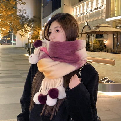 Rainbow Striped Scarf with Hanging Balls for Women, Warm Imitation Cashmere, Winter Fashion 40x200 cm - Allen - Fitness