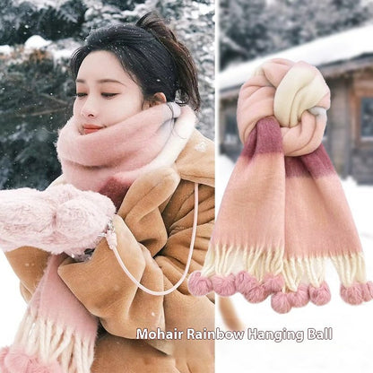 Rainbow Striped Scarf with Hanging Balls for Women, Warm Imitation Cashmere, Winter Fashion 40x200 cm - Allen - Fitness