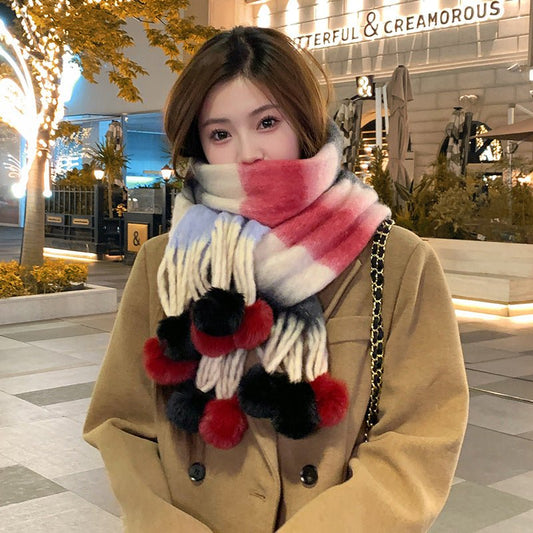 Rainbow Striped Scarf with Hanging Balls for Women, Warm Imitation Cashmere, Winter Fashion 40x200 cm - Allen - Fitness