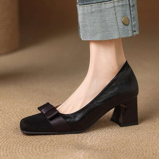 Retro Square Head Stitching Chunky Heel Pumps Women's Spring And Autumn New Bow Low - cut High Heels - Allen - Fitness