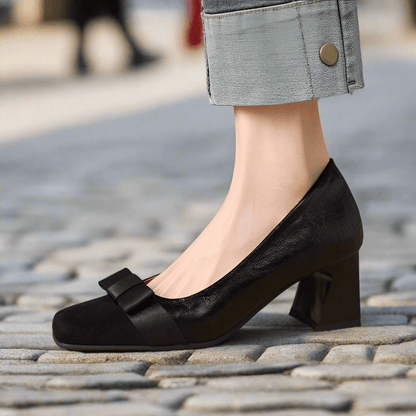 Retro Square Head Stitching Chunky Heel Pumps Women's Spring And Autumn New Bow Low - cut High Heels - Allen - Fitness