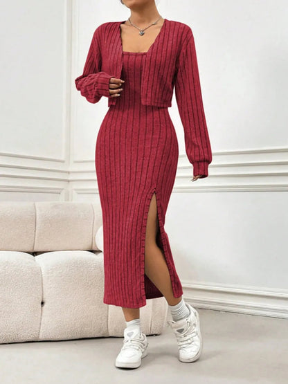 Ribbed Long Sleeve Cropped Cardigan & Slit Cami Dress Set - Stylish 2 - Piece Outfit by Kenike - Allen - Fitness