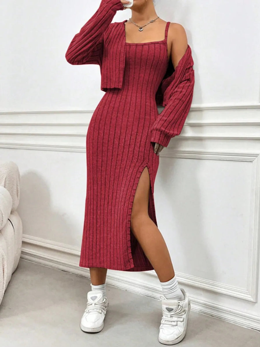 Ribbed Long Sleeve Cropped Cardigan & Slit Cami Dress Set - Stylish 2 - Piece Outfit by Kenike - Allen - Fitness