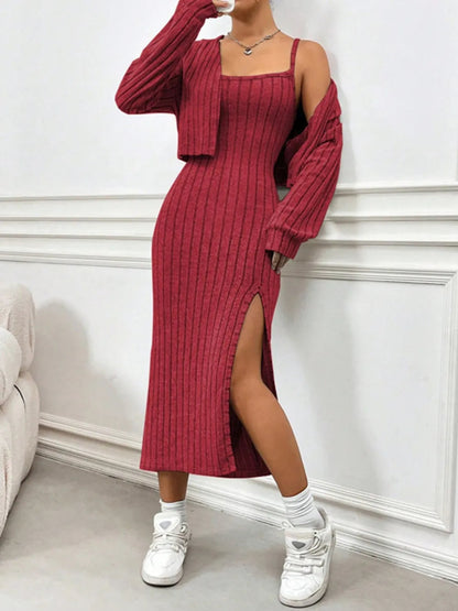 Ribbed Long Sleeve Cropped Cardigan & Slit Cami Dress Set - Stylish 2 - Piece Outfit by Kenike - Allen - Fitness