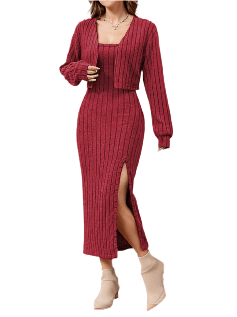 Ribbed Long Sleeve Cropped Cardigan & Slit Cami Dress Set - Stylish 2 - Piece Outfit by Kenike - Allen - Fitness