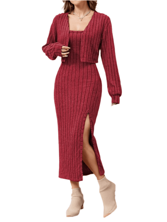 Ribbed Long Sleeve Cropped Cardigan & Slit Cami Dress Set - Stylish 2 - Piece Outfit by Kenike - Allen - Fitness