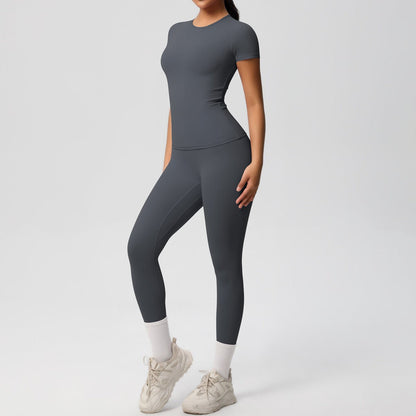 Skin - friendly Sports Set - European and American Style, Solid Color T-shirt, Stretchable Yoga Pants, High Waist Workout Suit for Women - Allen - Fitness