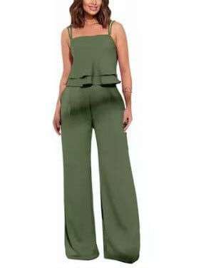 Sleeveless Fashion Suit: Ruffles Top & Straight - Leg Pants, Solid Color Options S - XXL - Allen - Fitness
