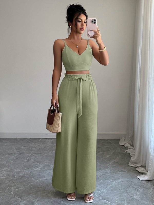 Stylish Green Suspender Vest With Wide Leg Pants - Two - Piece Set For Women - Allen - Fitness
