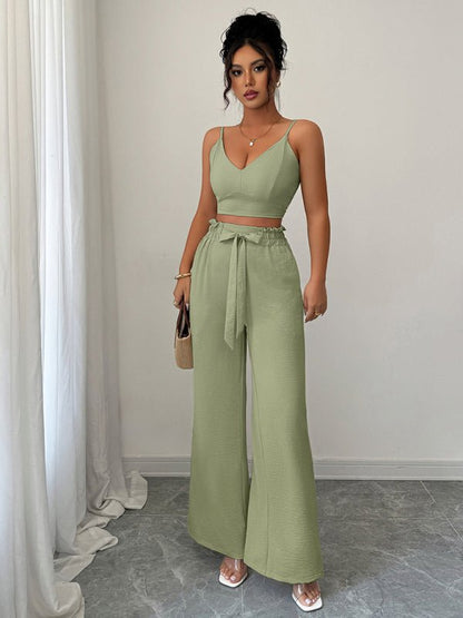 Stylish Green Suspender Vest With Wide Leg Pants - Two - Piece Set For Women - Allen - Fitness