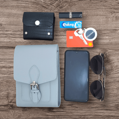 Stylish Handmade Leather Phone Bag - Festival Ready Ghost Grey with Adjustable Strap - Allen - Fitness