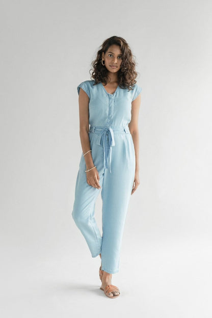 Stylish Tencel Jumpsuit for Women | V - Neck, Micro Sleeves, and Pocket Details in Blue Denim - Allen - Fitness