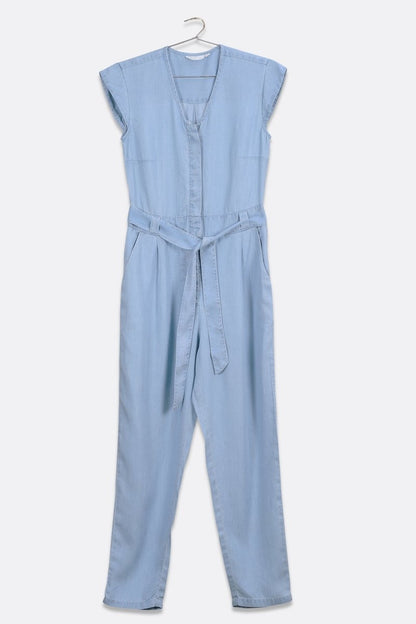 Stylish Tencel Jumpsuit for Women | V - Neck, Micro Sleeves, and Pocket Details in Blue Denim - Allen - Fitness