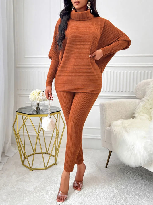 Stylish Turtleneck Top Set with Batwing Sleeves and Relaxed Fit Pants - Kenike - Allen - Fitness
