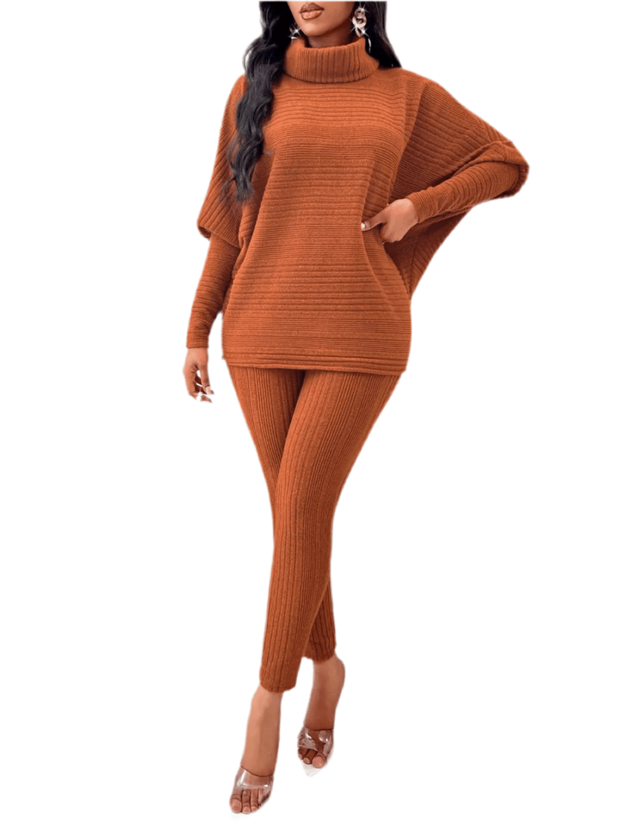 Stylish Turtleneck Top Set with Batwing Sleeves and Relaxed Fit Pants - Kenike - Allen - Fitness