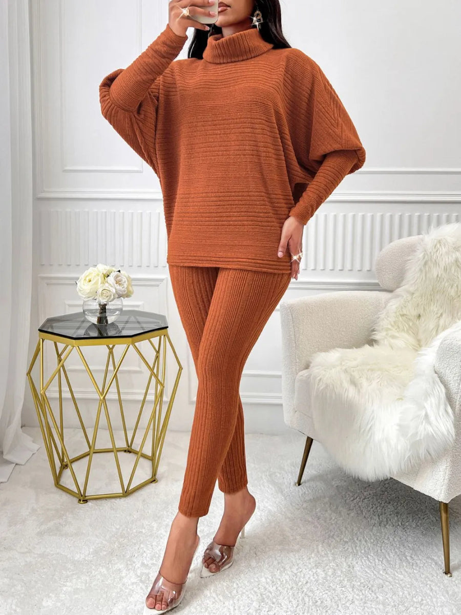 Stylish Turtleneck Top Set with Batwing Sleeves and Relaxed Fit Pants - Kenike - Allen - Fitness
