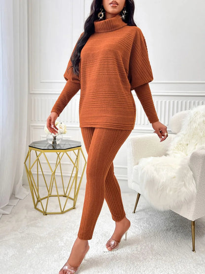 Stylish Turtleneck Top Set with Batwing Sleeves and Relaxed Fit Pants - Kenike - Allen - Fitness