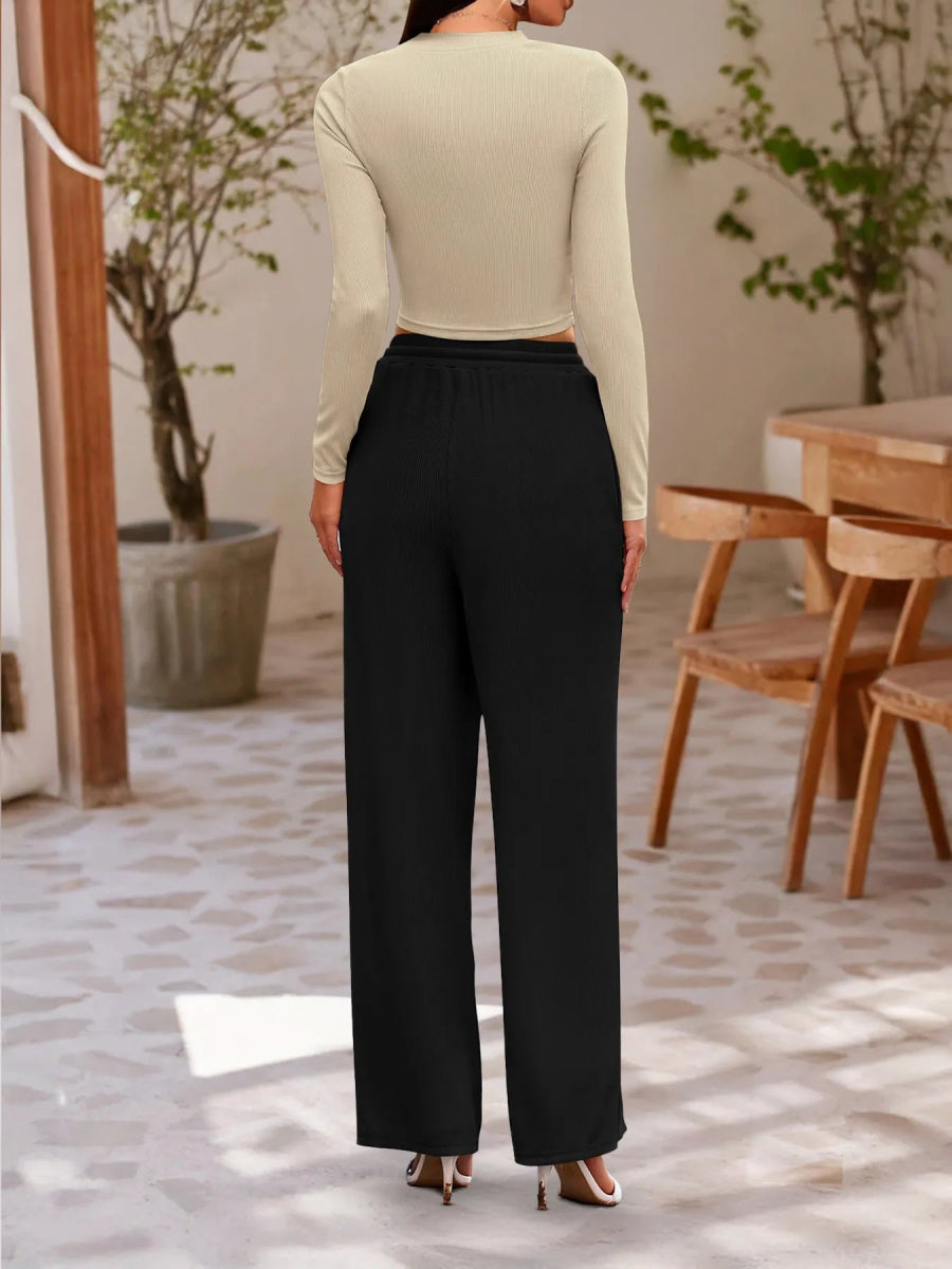 Two Piece Outfit for Lounging: Round Neck Long Sleeve Top and Soft Pants Set by Kenike - Allen - Fitness