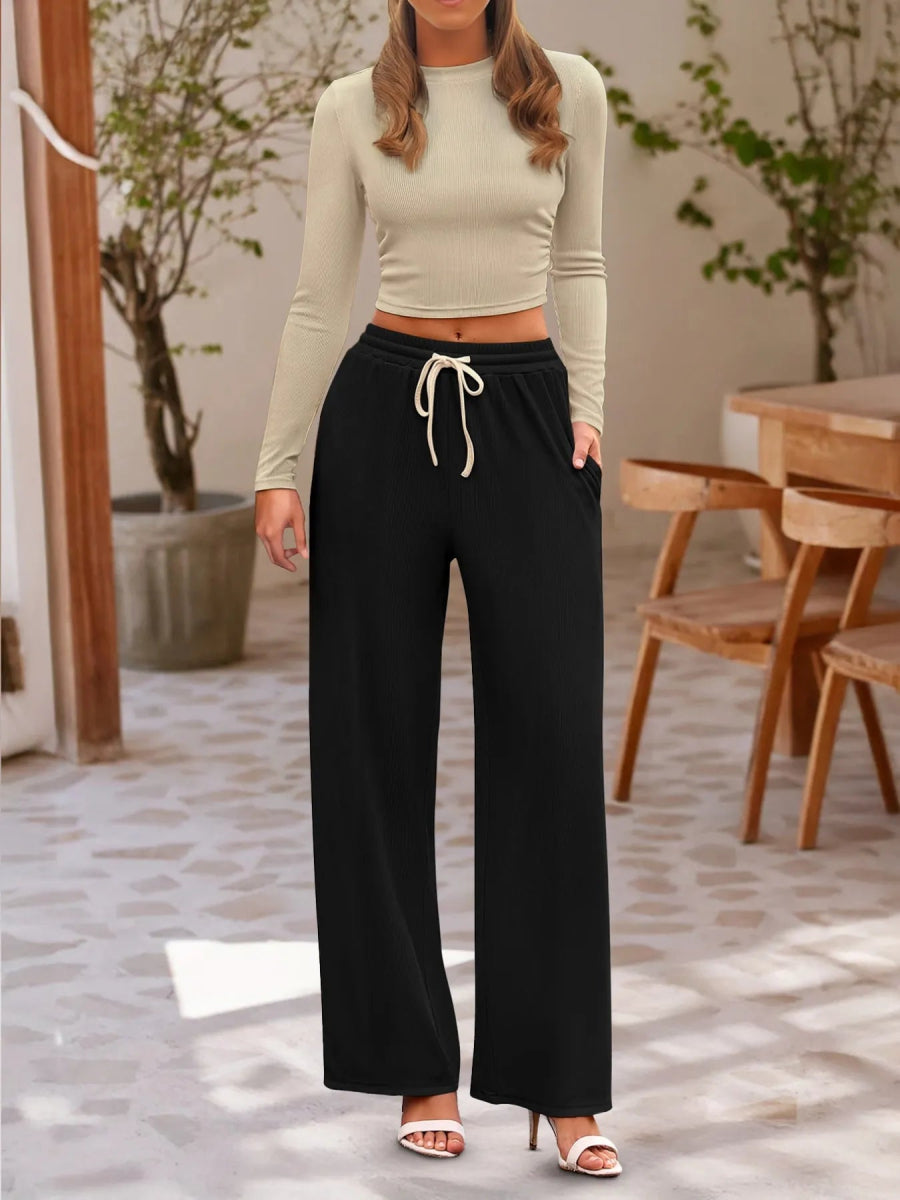 Two Piece Outfit for Lounging: Round Neck Long Sleeve Top and Soft Pants Set by Kenike - Allen - Fitness