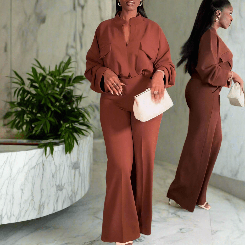 V - Neck Long Sleeve Polyester Top with Wide - Leg Trousers Suit in Light Brown & Purple - Allen - Fitness