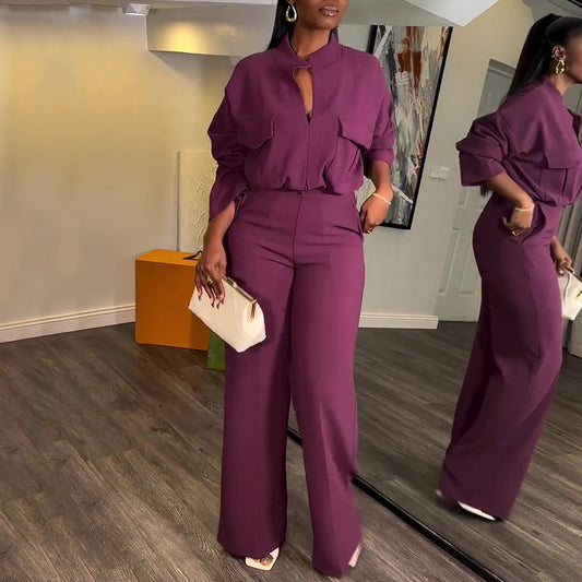 V - Neck Long Sleeve Polyester Top with Wide - Leg Trousers Suit in Light Brown & Purple - Allen - Fitness