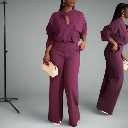 V - Neck Long Sleeve Polyester Top with Wide - Leg Trousers Suit in Light Brown & Purple - Allen - Fitness