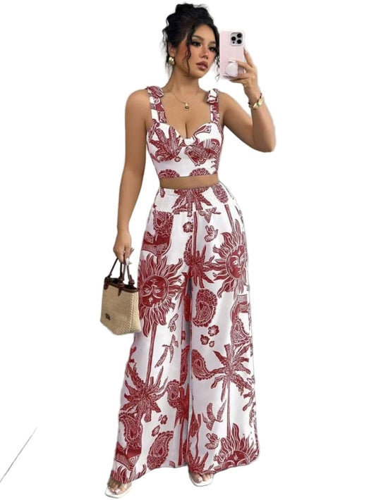 V - Neck Strap Vest and Dress Set, Loose Wide Leg Pants - Stylish Street Fashion Ensemble - Allen - Fitness