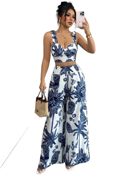 V - Neck Strap Vest and Dress Set, Loose Wide Leg Pants - Stylish Street Fashion Ensemble - Allen - Fitness