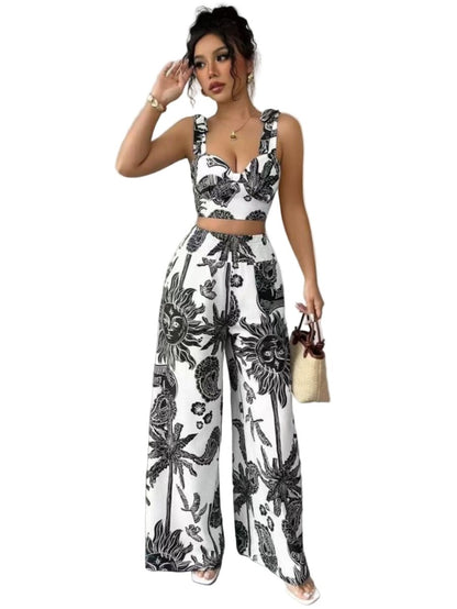 V - Neck Strap Vest and Dress Set, Loose Wide Leg Pants - Stylish Street Fashion Ensemble - Allen - Fitness